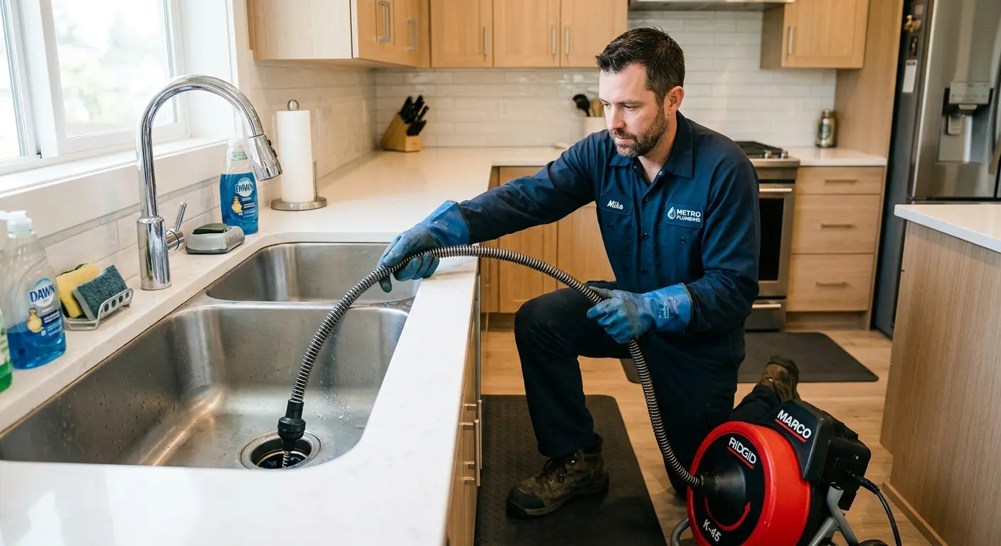 Drain cleaning technician using a motorized snake on a kitchen sink in Indio