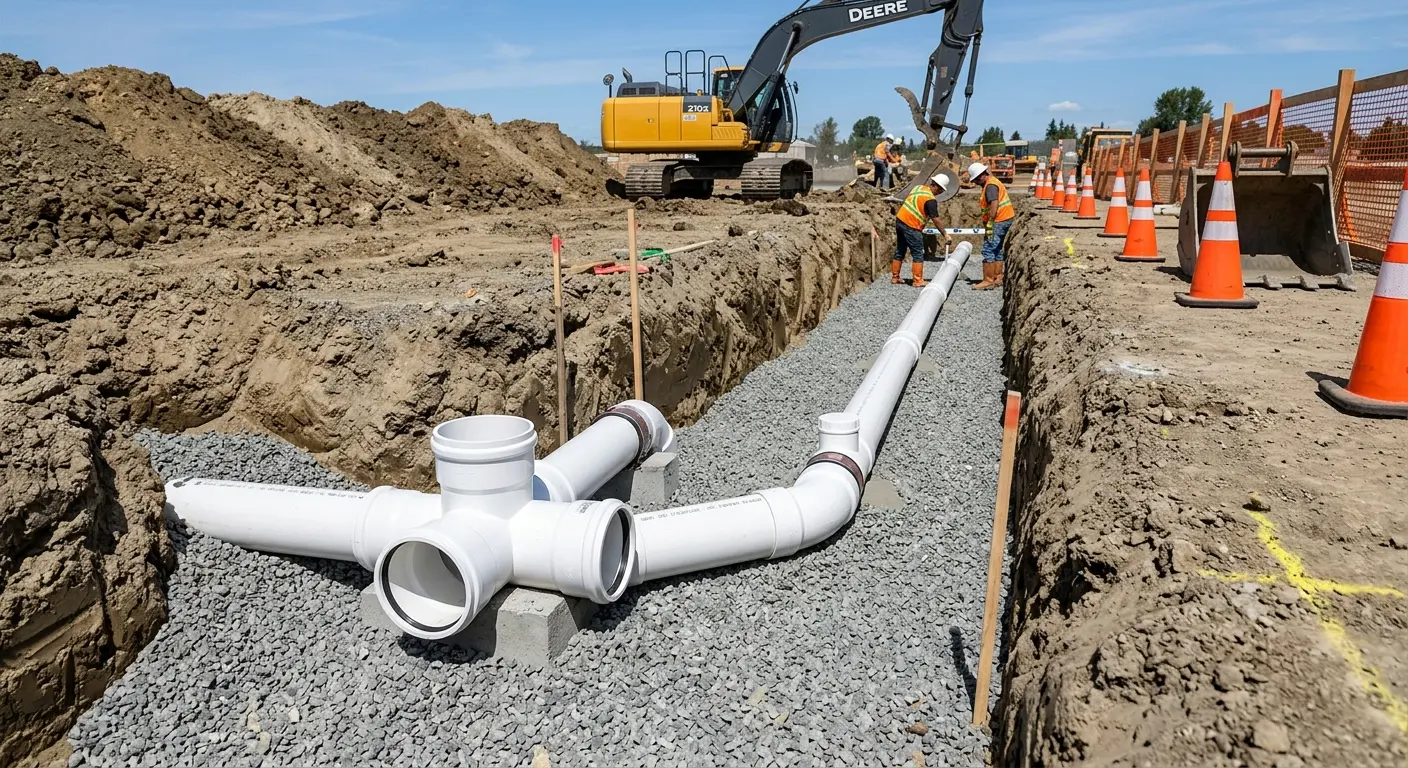 New PVC sewer pipe installation in open trench for Commercial Drain Cleaning in Indio